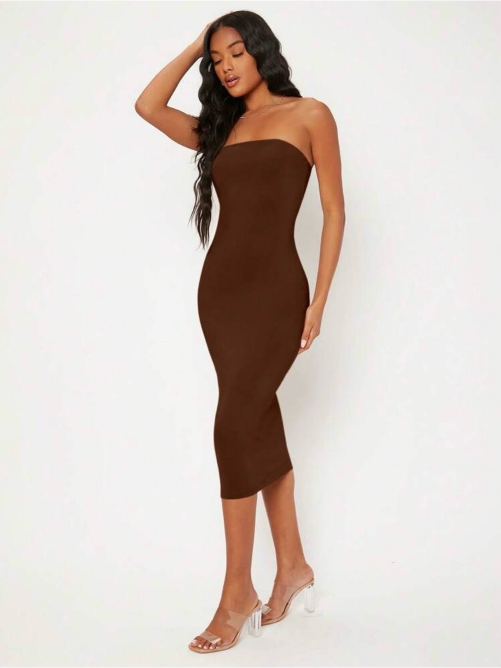 SHEIN Size Large 8/10 Brown Long Strapless Tube Dress Bodycon Dress
